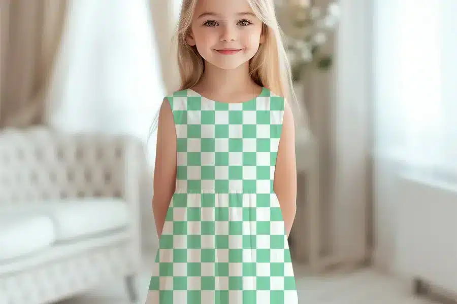 Young Girl Wearing A Mint Green And White Checkered Dress.
