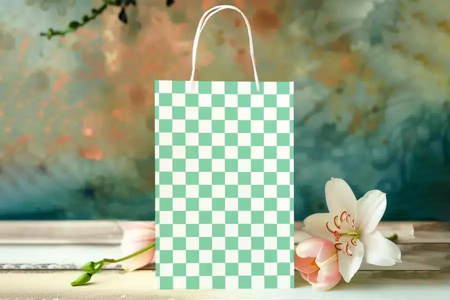 A Light Green And White Checkered Paper Gift Bag.