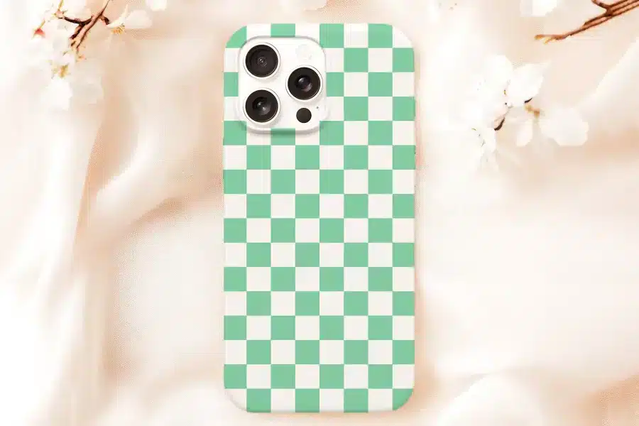 Mint Green And White Checkered Phone Case.