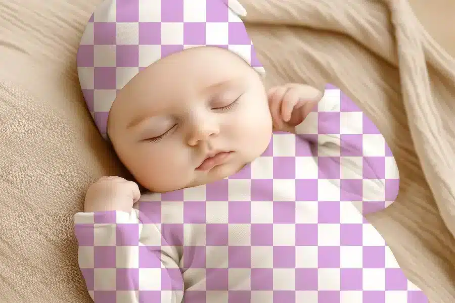 Sleeping Baby Wearing A Lavender And White Checkered Onesie And Hat.
