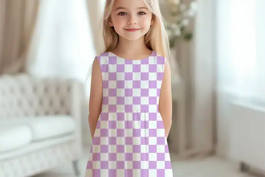 Girl In Lavender And White Checkered Dress.