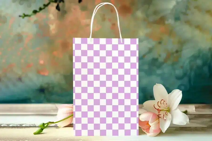 Lavender And White Checkered Gift Bag With White Handles.