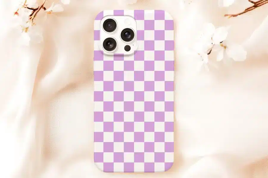 Purple And White Checkered Phone Case.
