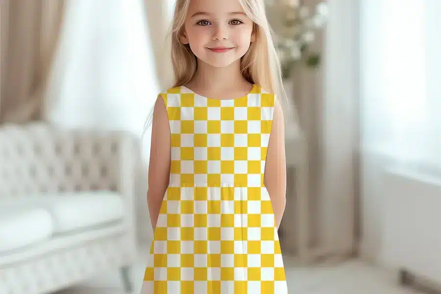 Girl Wearing A Yellow And White Checkered Dress.