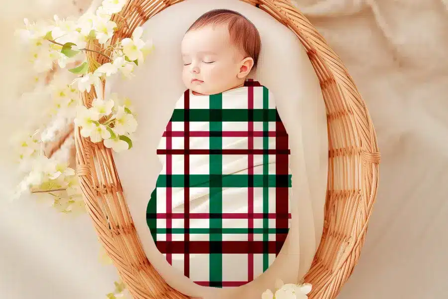 Sleeping baby swaddled in a red, green, and white plaid blanket.
