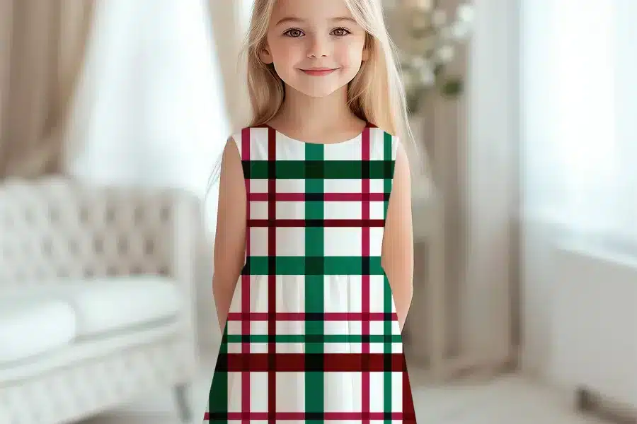 Girl Wearing A Sleeveless White Dress With A Green, Burgundy And Black Plaid Pattern.