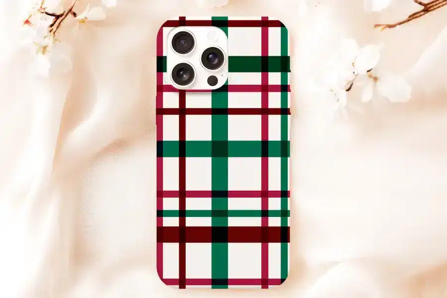 Iphone Case With A Red, Green, And Black Plaid Pattern.