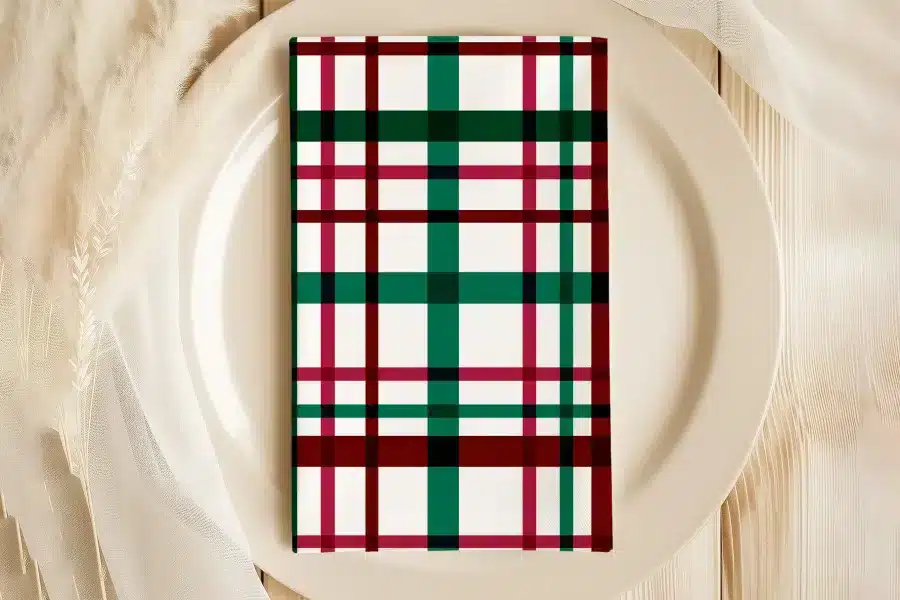 Plaid Napkin On A White Plate.