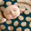 Sleeping Baby Wearing A Cinnamon Roll Patterned Outfit.