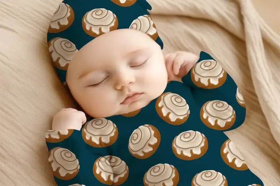 Sleeping Baby Wearing A Cinnamon Roll Patterned Outfit.