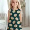 Girl Wearing A Teal Dress With A Pattern Of Cinnamon Rolls.