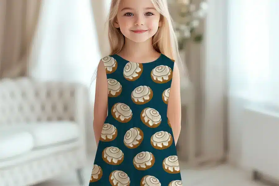 Girl Wearing A Teal Dress With A Pattern Of Cinnamon Rolls.