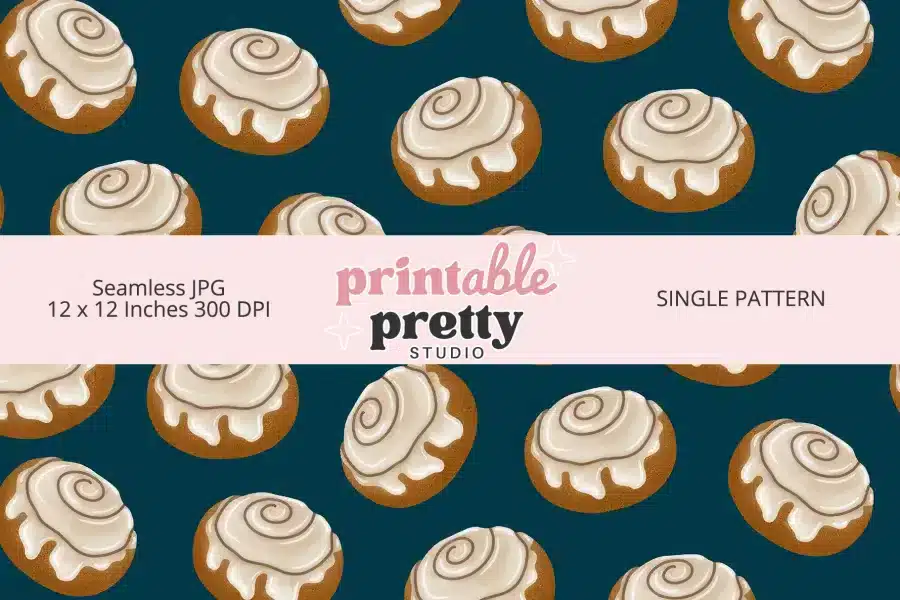 Blue Cinnamon Bun Seamless Pattern digital paper - 12x12 inch JPG with illustrated cinnamon rolls on blue background for crafting