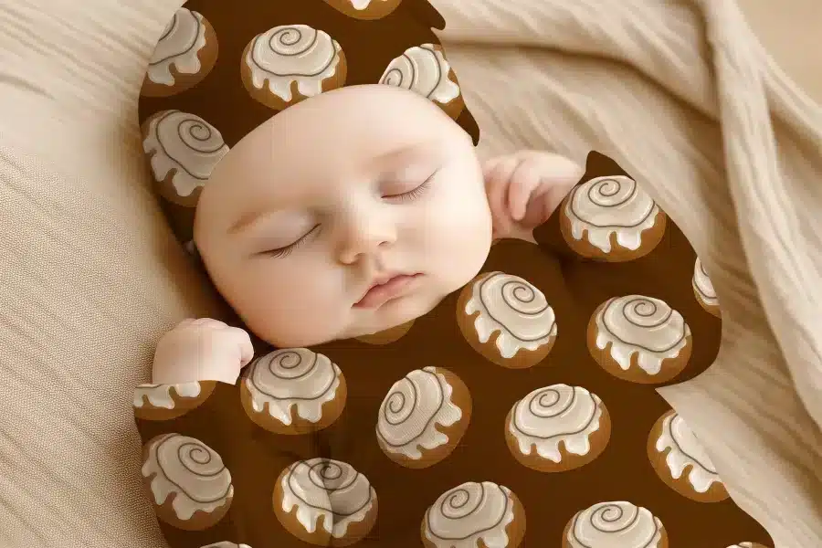 Sleeping Baby Wearing A Cinnamon Roll Patterned Outfit.