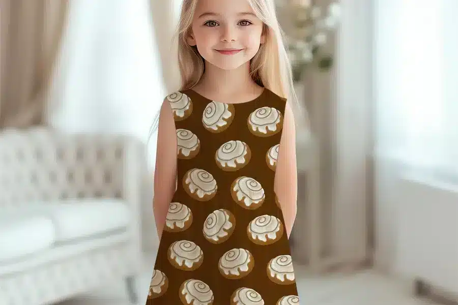 Girl In A Brown Dress Covered In A Pattern Of Cinnamon Rolls.