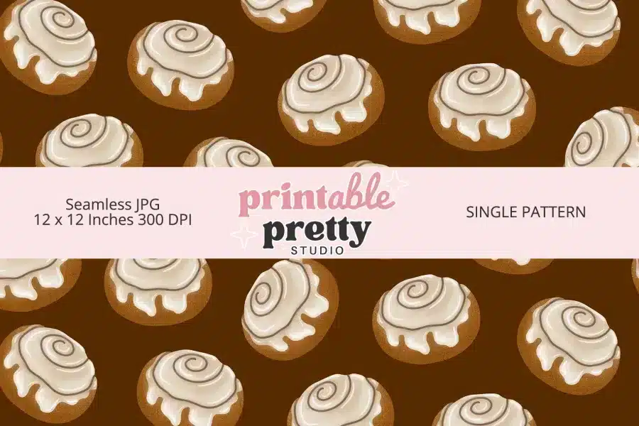 Brown Cinnamon Bun Seamless Pattern digital paper - 12x12 inch JPG with illustrated cinnamon rolls on brown background for crafting