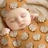 Sleeping Baby Wearing A Cinnamon Roll Patterned Onesie And Hat.