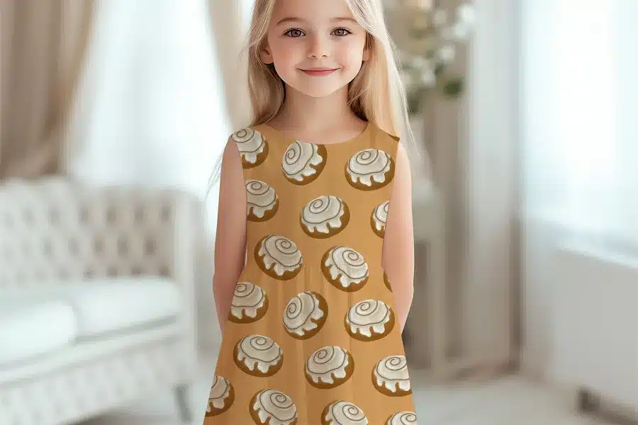 Girl In A Sleeveless Cinnamon Roll Print Dress.