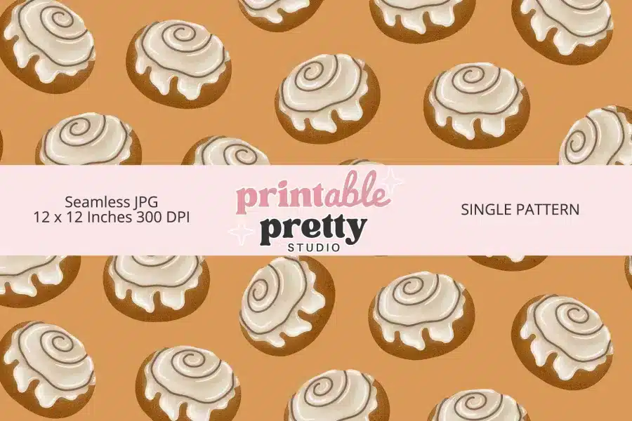 Cream Cinnamon Bun Seamless Pattern digital paper - 12x12 inch JPG with illustrated cinnamon rolls on cream background for crafting