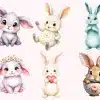 Six Adorable Cartoon Bunnies In Various Poses And Colors.