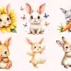 Six Adorable Cartoon Bunnies In Various Poses; One Is In A Sunflower, One Holds A Carrot, And Others Are Playing.