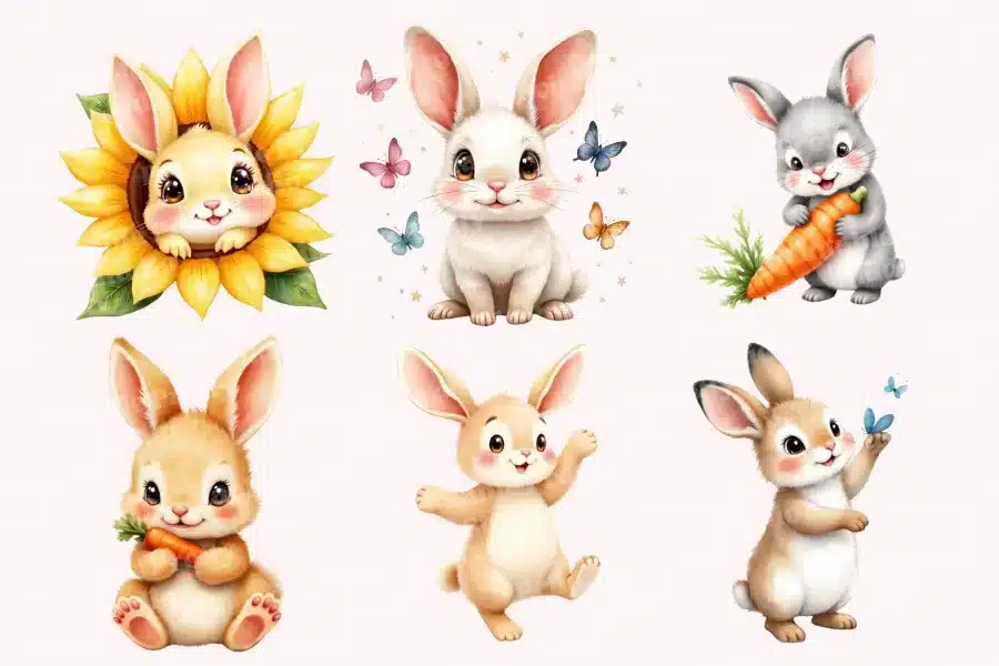 Six Adorable Cartoon Bunnies In Various Poses; One Is In A Sunflower, One Holds A Carrot, And Others Are Playing.