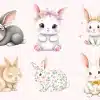Six Adorable Cartoon Bunnies In Various Poses And Adornments.