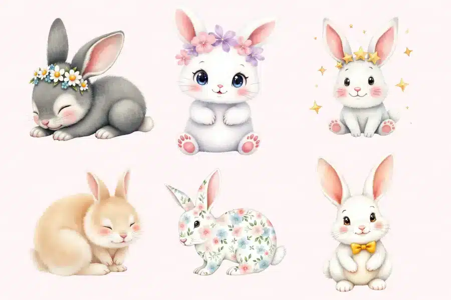 Six Adorable Cartoon Bunnies In Various Poses And Adornments.