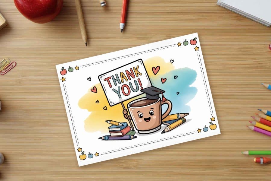 A Thank You Card Featuring A Cute Coffee Cup Character Wearing A Graduation Cap And Holding A Sign That Says Thank You.