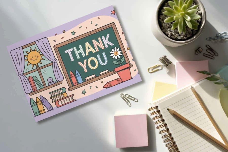 Thank You Card Featuring A Chalkboard With The Words Thank You, Classroom Items, And A Sun.