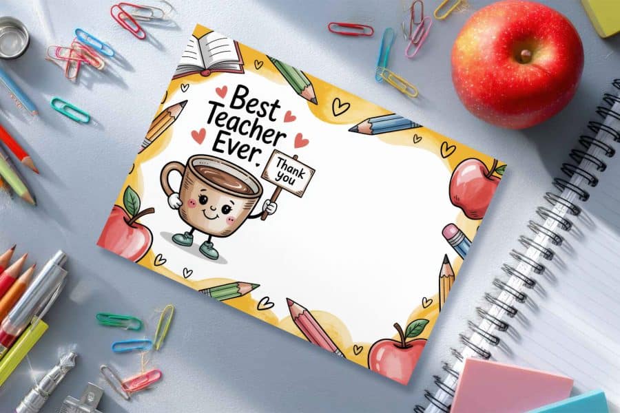 A Thank You Card For A Teacher Featuring A Cartoon Coffee Cup Holding A Sign That Says Thank You.  The Card Also Includes The Text Best Teacher Ever.