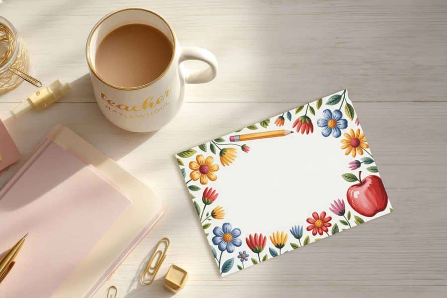 Floral Teacher Appreciation Card With A Pencil And Apple.