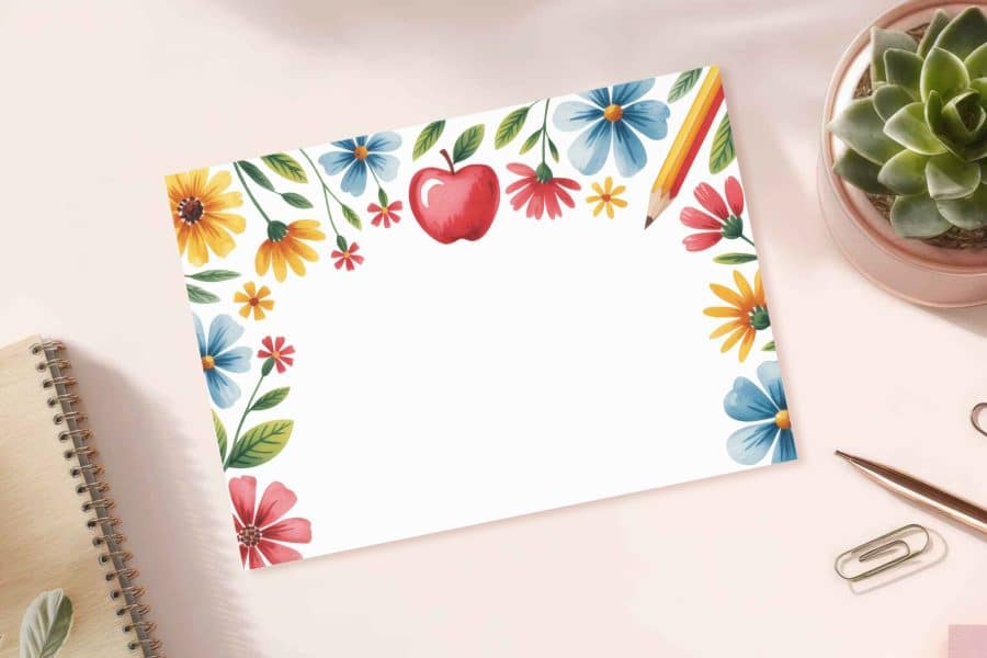 Blank Card With A Border Of Colorful Flowers, An Apple, And A Pencil.