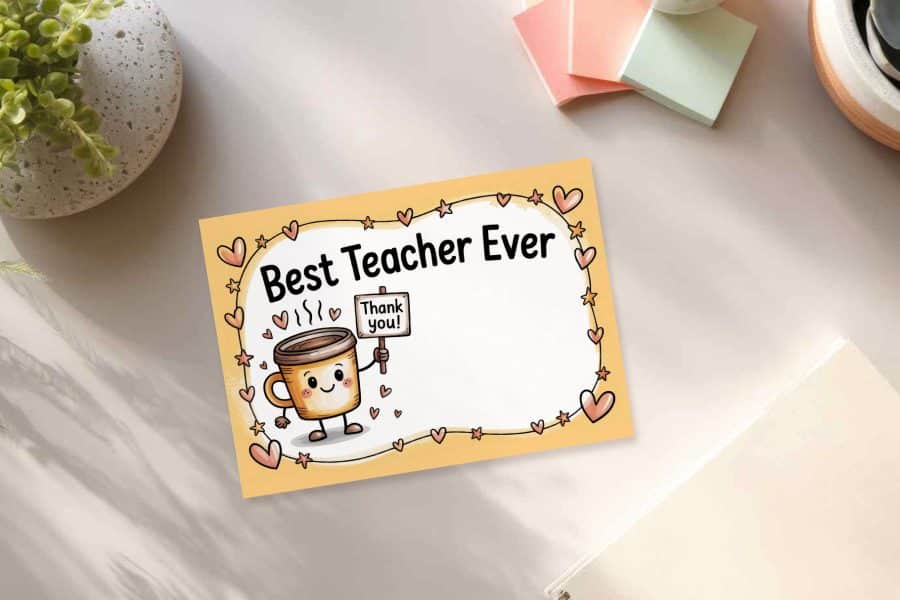 A Thank You Card For A Teacher Featuring A Cartoon Coffee Cup Holding A Sign That Says Thank You.  The Card Also Says Best Teacher Ever.