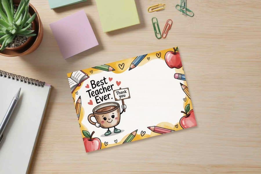 A Thank You Card For A Teacher Featuring A Cartoon Coffee Cup Holding A Thank You Sign.  The Card Is Decorated With Pencils, Apples, And Hearts.