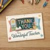 Thank You Card For A Wonderful Teacher, Featuring A Chalkboard With The Words Thank You And Classroom Illustrations.