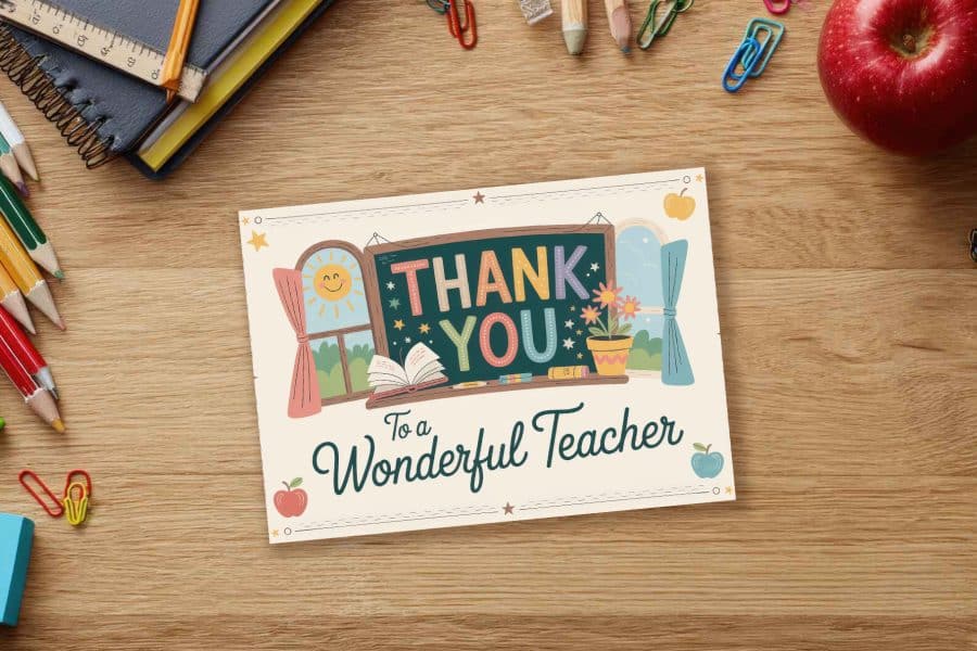 Thank You Card For A Wonderful Teacher, Featuring A Chalkboard With The Words Thank You And Classroom Illustrations.