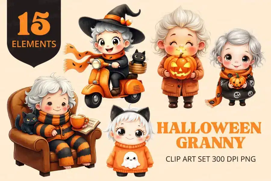 Halloween Granny Clip Art Set - digital download PNG graphics with witch, pumpkin, and ghost