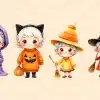 Four Children In Halloween Costumes: A Vampire, A Black Cat, A Candy Corn, And A Witch.