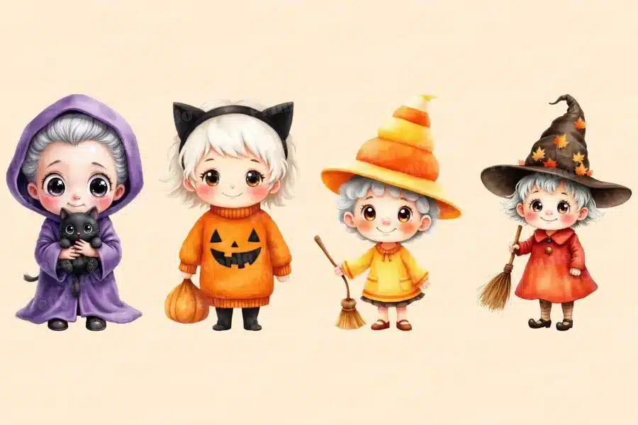 Four Children In Halloween Costumes: A Vampire, A Black Cat, A Candy Corn, And A Witch.