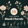 Collection Of Sixteen Hand-Drawn Blush-Colored Floral Elements.