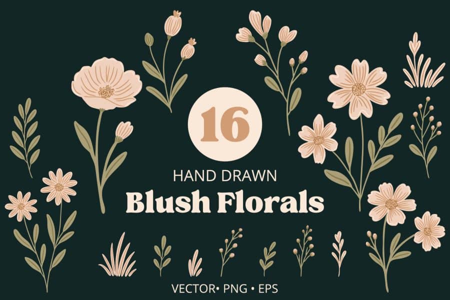 Collection of sixteen hand-drawn blush-colored floral elements.