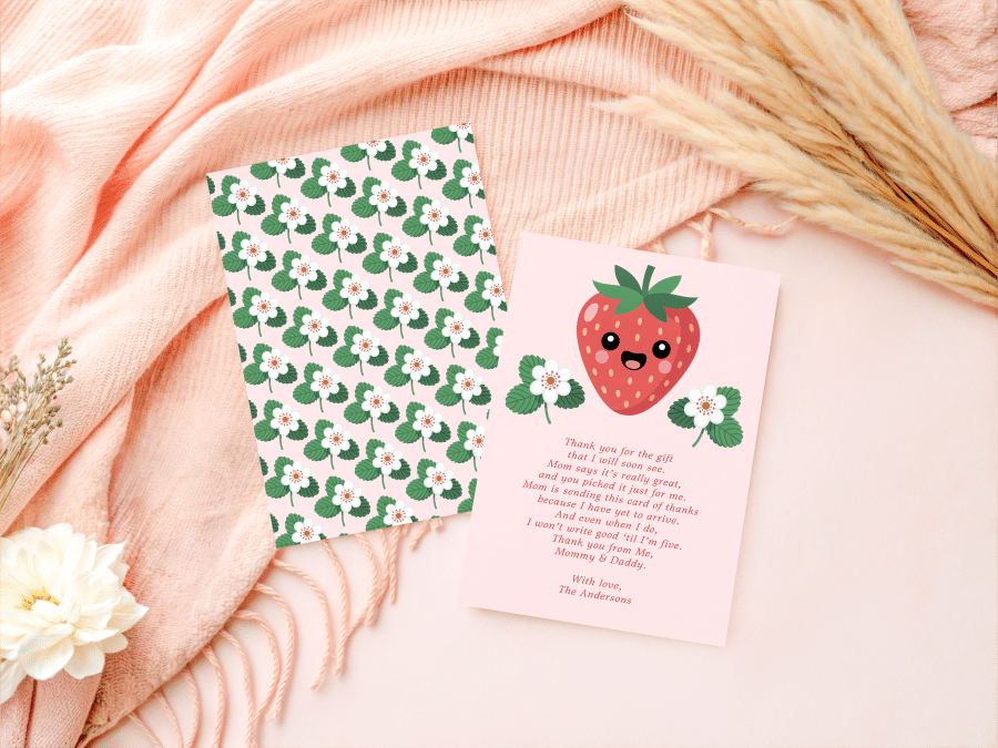 Pink Thank You Card Featuring A Smiling Strawberry Illustration And Text Expressing Gratitude For A Gift.
