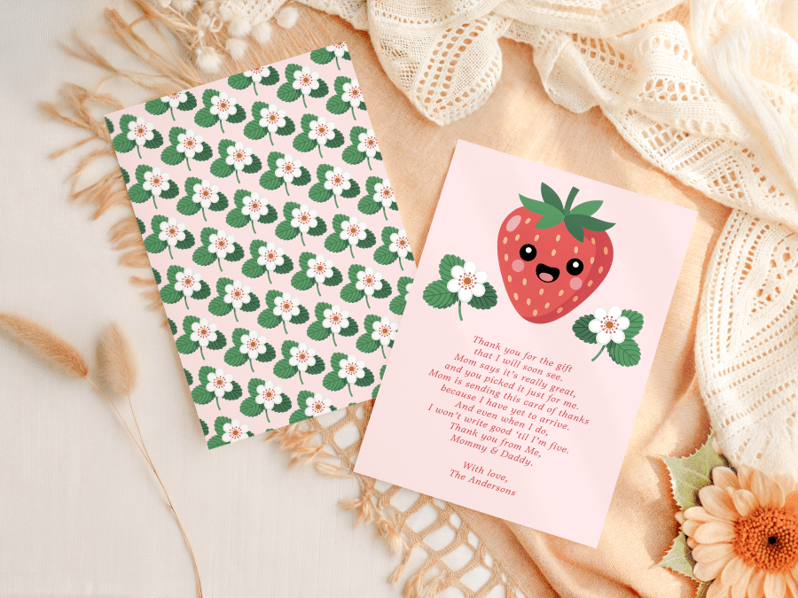 Pink Thank You Card Featuring A Cartoon Strawberry And A Floral Pattern.