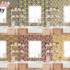 Four Kitchen Backsplashes Showcasing Different Patterned Wallpaper Designs Above Light Wood Cabinets And A White Sink.