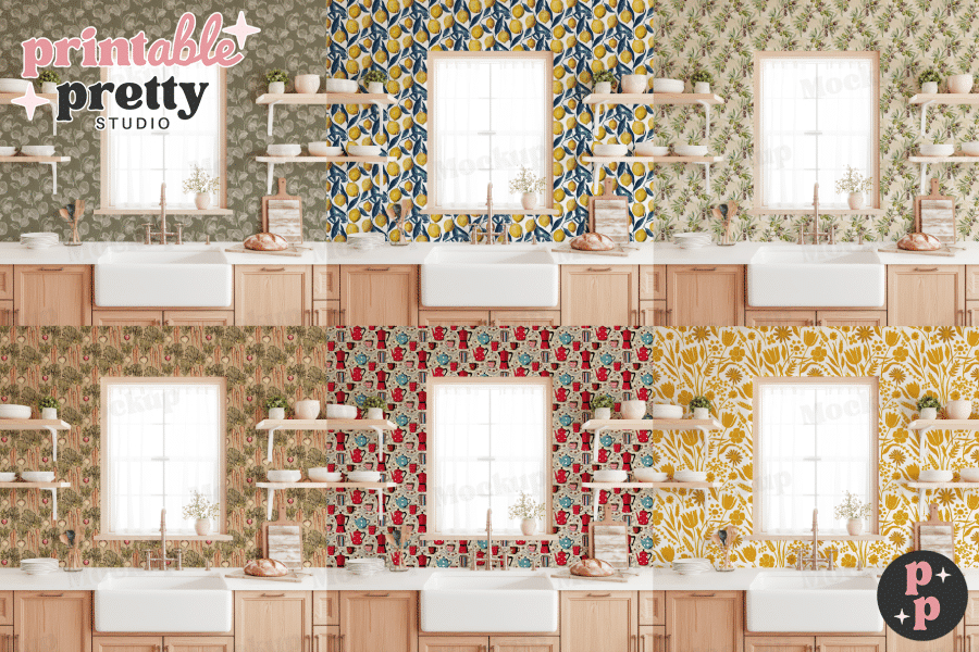Four kitchen backsplashes showcasing different patterned wallpaper designs above light wood cabinets and a white sink.