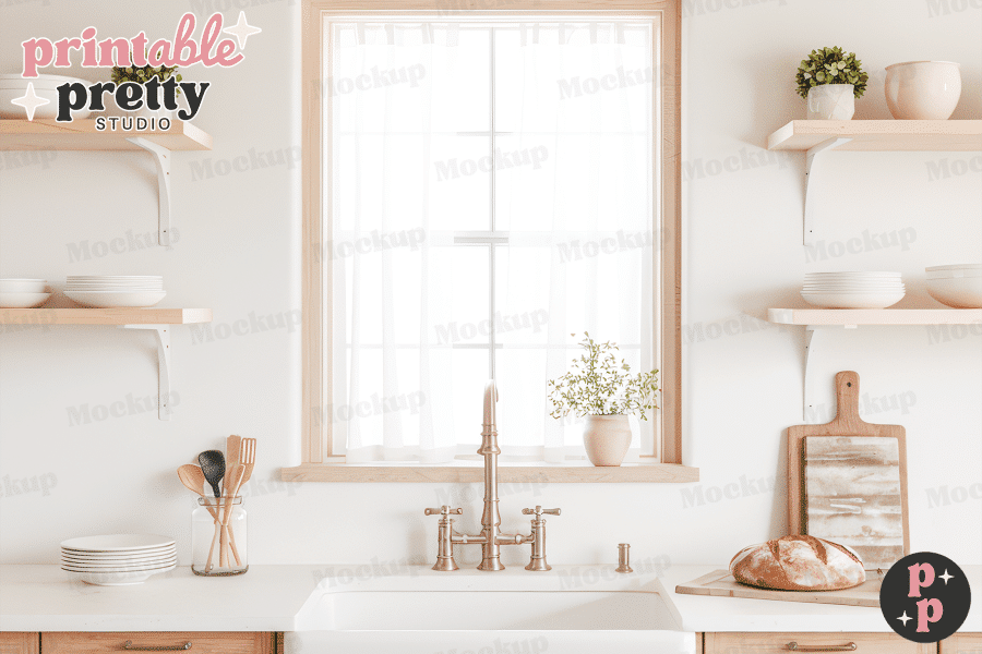 A Bright Kitchen Sink With A Gold Faucet, Flanked By Wooden Shelves Holding Dishes And Plants.  A Loaf Of Bread Sits On A Cutting Board On The Counter.