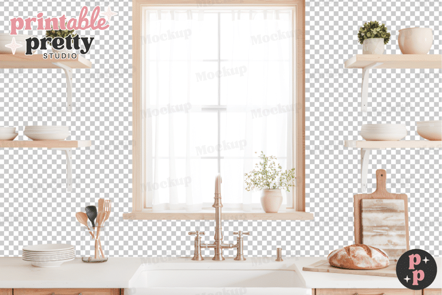 A Kitchen Sink With A Gold Faucet Sits Below A Window With Sheer Curtains, Flanked By Wooden Shelves Holding Dishes And Plants.  A Loaf Of Bread Rests On A Cutting Board On The Counter.
