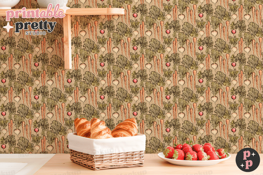 A Tan Background Featuring A Repeating Pattern Of Illustrated Carrots, Turnips, And Beets.