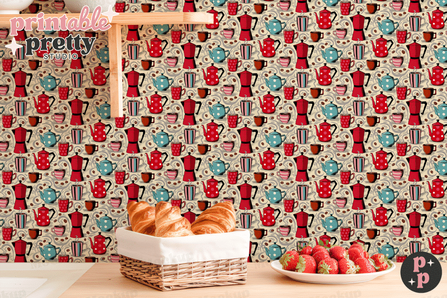 A Kitchen Counter Displays A Basket Of Croissants In Front Of A Wall Covered In Coffee-Themed Wallpaper.